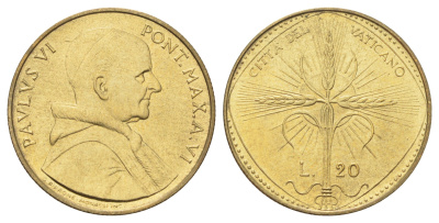 Ватикан 20 лир 1968 MCMLXVIII, год-тип KM 104 алюминиевая бронза UNC 4701-511