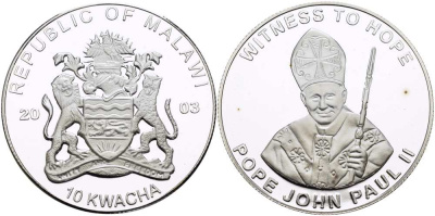 Малави 10 квача 2003 папа Иоанн Павел II, "witness to hope", свидетель надежды, серебрение KM 107 медно-никель PROOF 11-226-12