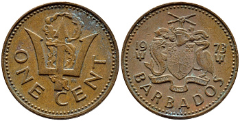 Барбадос 1 цент 1973 сломанный трезубец Британии KM 10 бронза 4396-1249