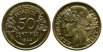 Французская Западная Африка 50 сантимов 1944 редкая KM 1, Lec 1 алюминиевая бронза aUNC 4381-933