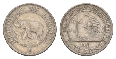 Либерия 5 центов 1961 KM 14 медно-никель 4659-454
