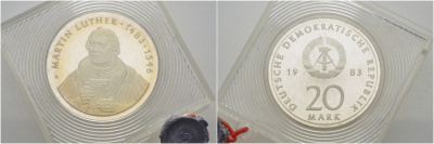 ГДР 20 марок 1983 A, 500 лет со дня рождения Мартина Лютера (1483-1546), в оригинальной коробке с пломбой J.1591, KM 94 серебро PROOF 10-005-80