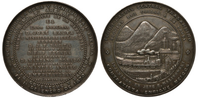 Перу медаль 1870 на заложение трансандской железной дороги, 50,5 мм, 70,3 гр Slg. Fonrobert 9200 серебро aUNC 11-089-21