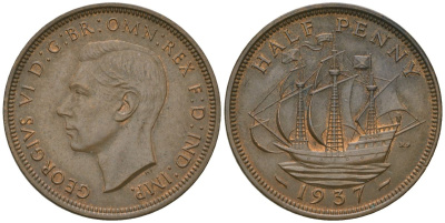 Великобритания 1/2 пенни 1937 Георг VI (1936-1952) KM 844, Spink 4115 бронза aUNC 4163-1057