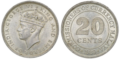 Британская Малайя 20 центов 1939 Георг VI (1937-1952) KM 5 серебро 53-345