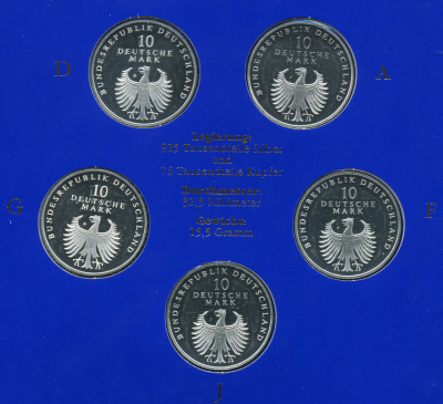 ФРГ набор из 5 штук по 10 марок 1998 A, D, F, G, J,  50 лет марке ФРГ KM 195 серебро PROOF 6-5-2-1