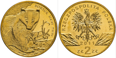 Польша 2 злотых 2011 MW, серия всемирная природа, барсук KM 762 нордик UNC 4511-336