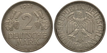 ФРГ 2 марки 1951 G J 386, KM 111 медно-никель плакированный никелем 413-4612