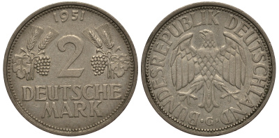 ФРГ 2 марки 1951 G J 386, KM 111 медно-никель плакированный никелем 413-4612