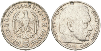 Германия 5 рейхсмарок 1935 G, Пауль фон Гинденбург (1847-1934), с отверстием KM 86, J. 360 серебро 77-214