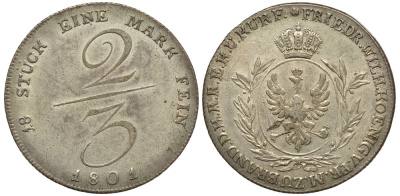 Бранденбург-Пруссия 2/3 талера (гульден) 1801 Фридрих Вильгельм III (1797-1840) КМ 363, Jaeger 184, Kahnt 59 серебро aUNC 00-815-01