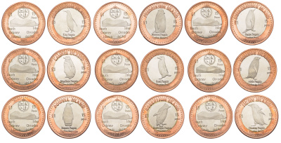 Южные Оркнейские острова полный набор из 9 монет (1 доллар) 2014 Острова Коронейшен, Фредриксен, Неприступный, Лори, Святого Матвея, Монро, Пауэлл, Робертсон и Сигни биметалл BU 1071-8-41-43