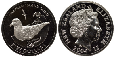 Новая Зеландия 5 долларов 2004 чатемский тайфунник-таико (Pterodroma magentae), тираж 1350 экземпляров KM 133 медно-никель UNC 4537-214