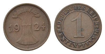 Германия 1 рентенпфенниг 1924 F KM 30, J. 306 бронза 4696-568