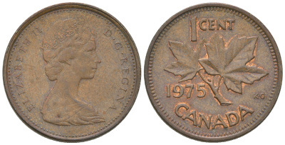 Канада 1 цент 1975 Елизавета II (1952-2022), кленовый лист KM 59.1 бронза 4164-623