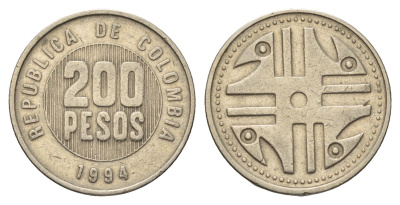 Колумбия 200 песо 1994 KM 287 медь цинк никель 4698-225