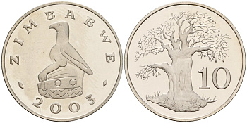 Зимбабве 10 центов 2003 птица-идол, баобаб KM 3a никелированная сталь PROOF 3711-525