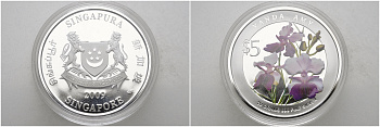 Сингапур 5 долларов 2009 орхидея Ванда, цветная эмаль KM 302 серебро  PROOF  11-146-22
