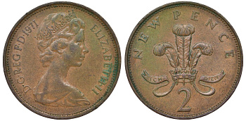 Великобритания 2 пенса 1971 Елизавета II (1952-2022) KM 916, Spink 4235 (C1) бронза 4681-645