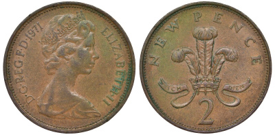 Великобритания 2 пенса 1971 Елизавета II (1952-2022) KM 916, Spink 4235 (C1) бронза 4681-645