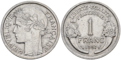 Франция 1 франк 1957 тип Морлон KM 885а.1 алюминий    4153-432