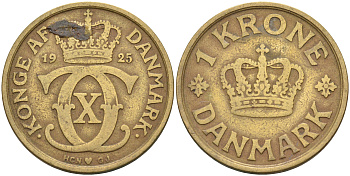 Дания 1 крона 1925 HCN; GJ, Кристиан X (1912-1947) KM 824.1 алюминиевая бронза 63-1033