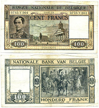 БЕЛЬГИЯ 100 ФРАНКОВ 1948 20 ИЮЛЯ 1948 Pick 126 бумага 7486-67-1-2