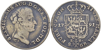 Польша 8 грошей (2 злотых) 1791 ЕВ, Станислав II Август Понятовский (1764-1794), вес 9,13 г KM 209.1 (C54), Kopinski 412.5 серебро 00-814-14