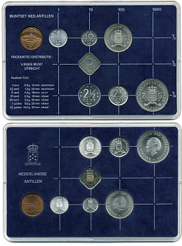 Нидерландские Антилы набор из 7 монет (1 цент - 2 1/2 гульдена) + жетон мондвора 1985 в пластике, Беатрикс (1980-2013), мондвор Утрехт UNC 5-4-3-82