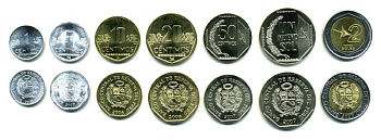 Перу лот из 7 монет 2007-2008 1, 5, 10, 20, 50 сентимо, 1, 2 соль, 1 монета биметалл UNC N2-04