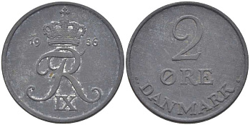 Дания 2 эре 1956 C; S, Фредерик IX (1947-1972) KM 840.2 цинк 67-246