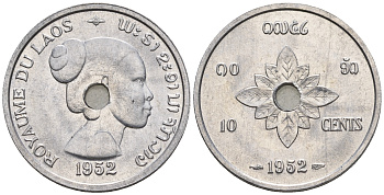 Лаос 10 центов 1952 король Сисаванг Вонг (1904-1959), женщина KM 4 алюминий  aUNC  4153-616