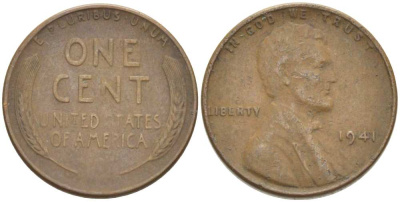 США 1 ЦЕНТ 1941 ЛИНКОЛЬН KM 132 бронза 211-662