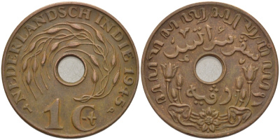 Нидерландская Восточная Индия 1 цент 1945 р, Вильгельмина (1890-1948) KM 317 бронза 31-1044