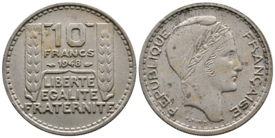 Франция 10 франков 1948 тип Пьер Турин KM 909.1, Le Franc 362.3 медно-никель 51-542