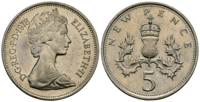 Великобритания 5 пенсов 1978 Елизавета II (1952-2022) KM 911, Spink 4233 (D1) медно-никель 4538-225
