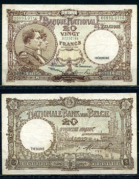 Бельгия 20 франков 1947 25.03.1947, Король Альберт I и его жена Королева Елизавета, Гран-Плас / Гроте Маркт, Брюссель Pick 111 (3) бумага 6301-18-2-1