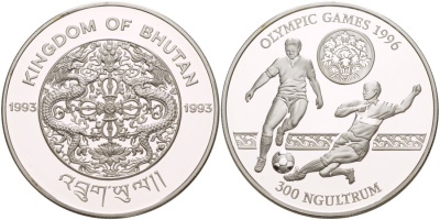 Бутан 300 нгултрумов 1993 Олимпийские игры 1996 года в Атланте, футбол KM 79 серебро PROOF 1081-8-42
