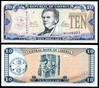 Либерия 10 долларов 2003 Pick 27 a 7214-63-3-1 бумага UNC (пресс) 7214-63-2-1