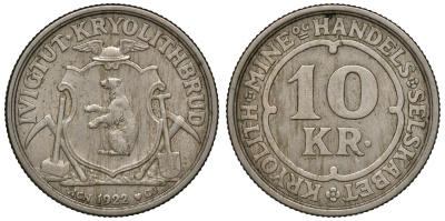 Гренландия 10 крон 1922 криолитовые шахты KM Tn49 медно-никель 4044-1343