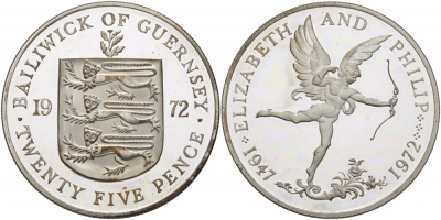 Гернси 25 пенсов 1972 25 лет свадьбы Елизаветы II и Филиппа, амур KM 26a серебро PROOF 04-174-44