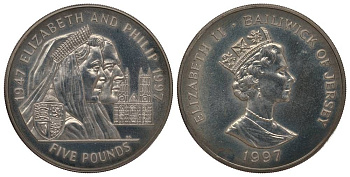Джерси 5 фунтов 1997 Елизавета и Филипп, золотая свадьба KM 100 медно-никель UNC 1078-3-32