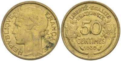 ФРАНЦИЯ 50 САНТИМОВ 1939 ТИП MORLON KM 894.1, LE FRANC 192.15 алюминиевая бронза 44-846