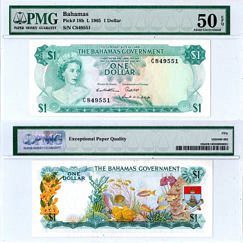 Багамский Острова 1 доллар 1965 в холдере компании PMG 50 About Uncirculated, королева Елизавета II (1952-2022), морское дно, рыбки Pick 18 b бумага aUNC 452-3-18
