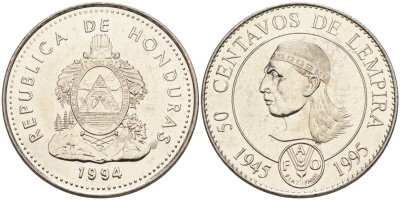 Гондурас 50 сентаво 1994 50 лет FAO, бюст касика Лемпира KM 88 сталь плакированная никелем UNC 4589-1254