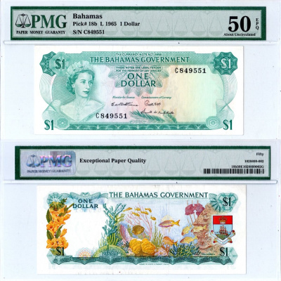 Багамский Острова 1 доллар 1965 в холдере компании PMG 50 About Uncirculated, королева Елизавета II (1952-2022), морское дно, рыбки Pick 18 b бумага aUNC 452-3-18