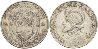 Панама 1/4 бальбоа 1962 Васко Нуньес де Бальбоа KM 11.2 серебро 261-856