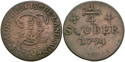 Юлих-Берг 1/4 штюбера 1794 KM 205 медь 4132-1246