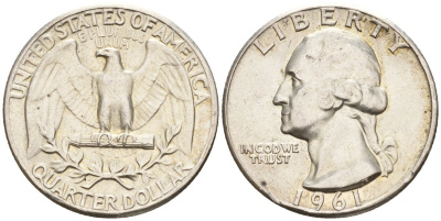США 25 центов (квотер) 1961 Вашингтон KM 164 серебро 4146-1047