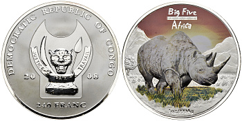 ДР Конго 240 франков 2008 серия 5 крупнейших животных Африки (Big Five), носорог, цветная эмаль  серебро  PROOF  11-147-35